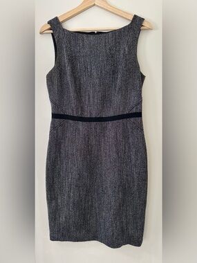LOFT Tweed Midi Sheath Dress with Black Waistband